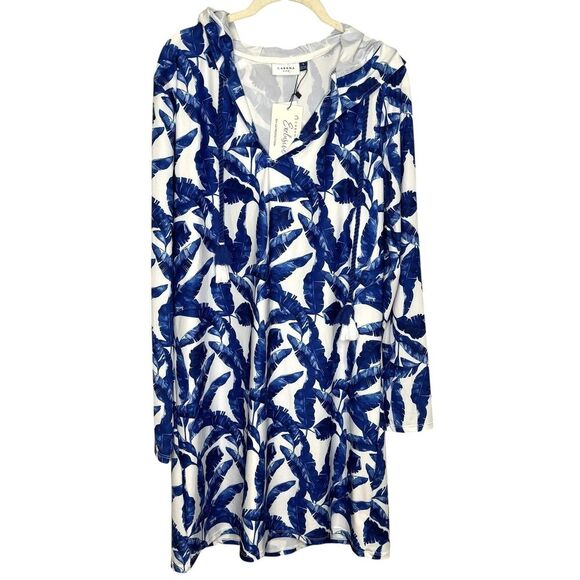 Cabana Life Cover Up Womens Large Blue Palm Print Hooded UPF 50+ Long Sleeve - Picture 1 of 11